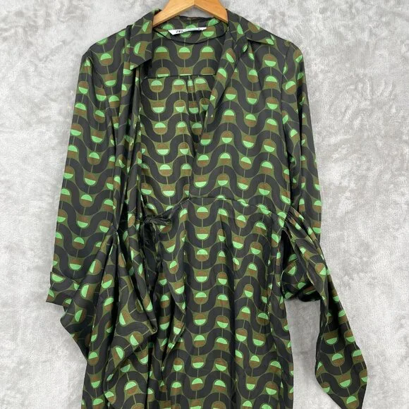 Zara Retro Printed Twill Wrap Shirt Midi Dress Disco Long Sleeve - Picture 8 of 15